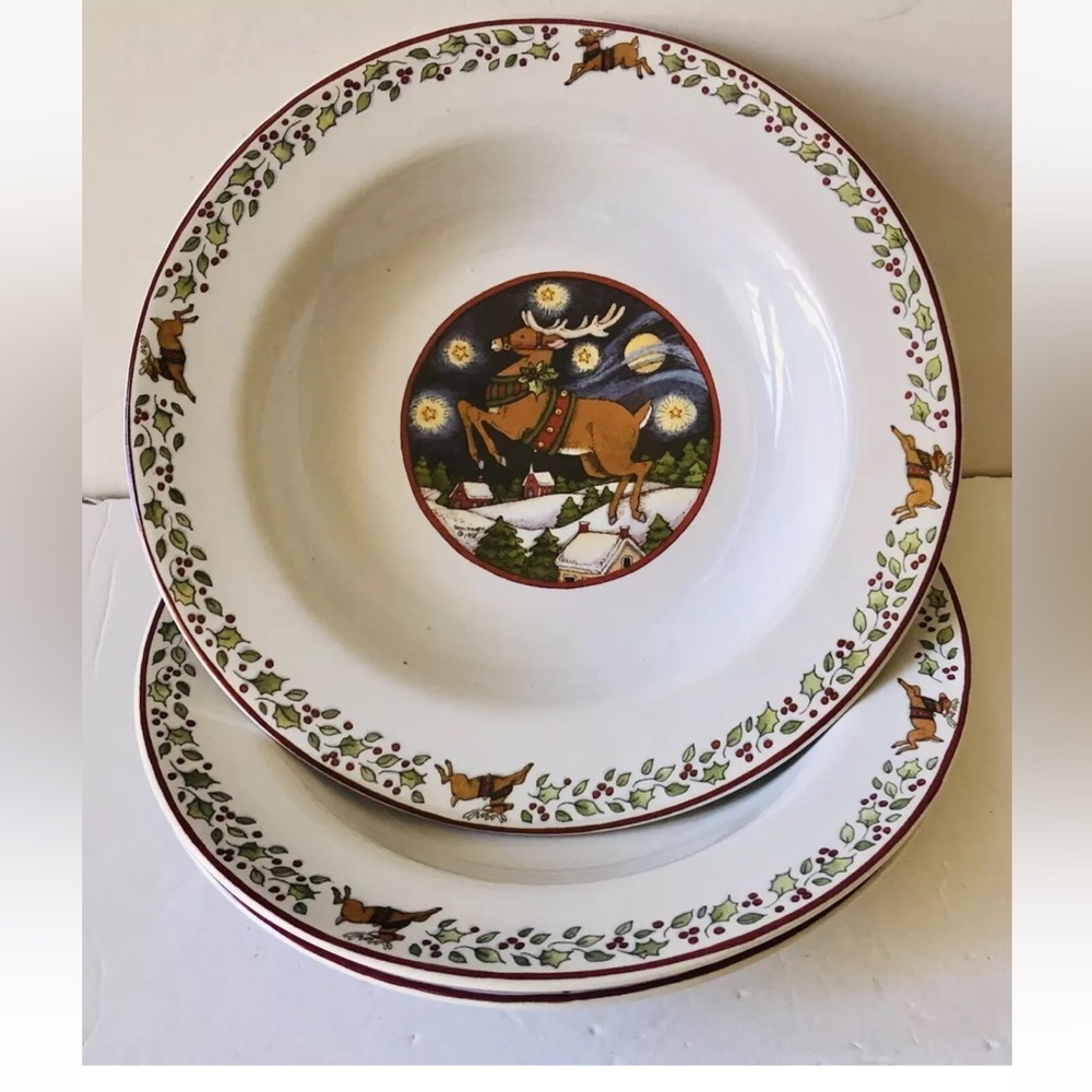 Susan Winger over the housetops Soup Bowls Reindeer 9" diameter Christmas 3 pcs.